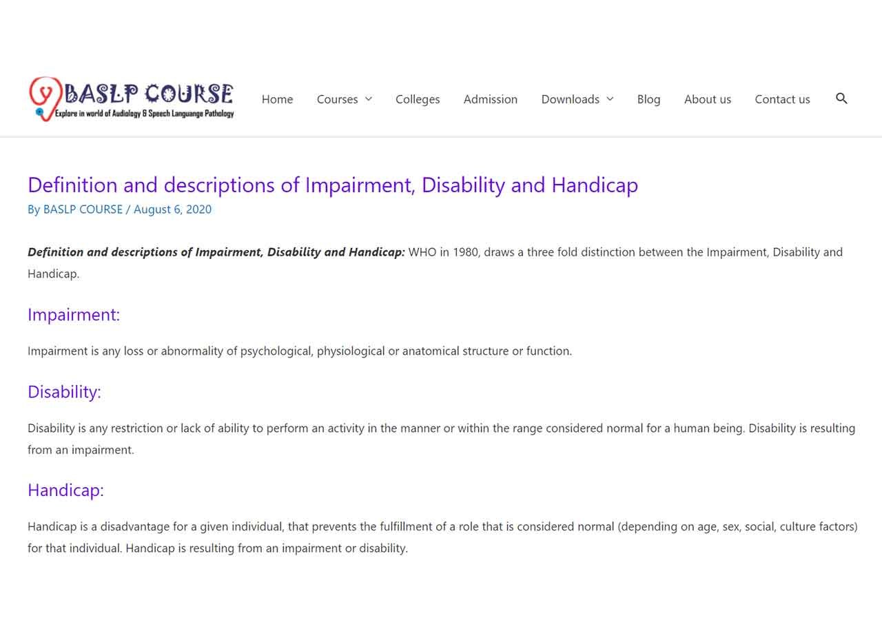 Definition and descriptions of Impairment, Disability and Handicap
